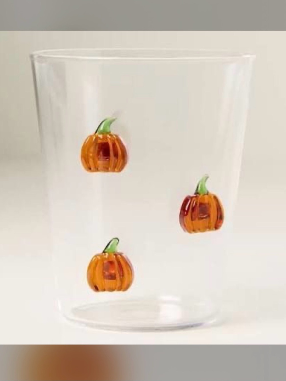 Anthropologie Clear Glass Tumbler with Orange and Green Pumpkin Motifs
